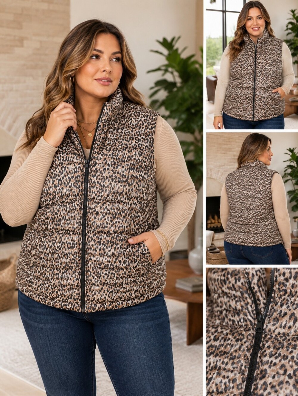 Westbound Leopard Print Quilted Puffer Vest Plus Size